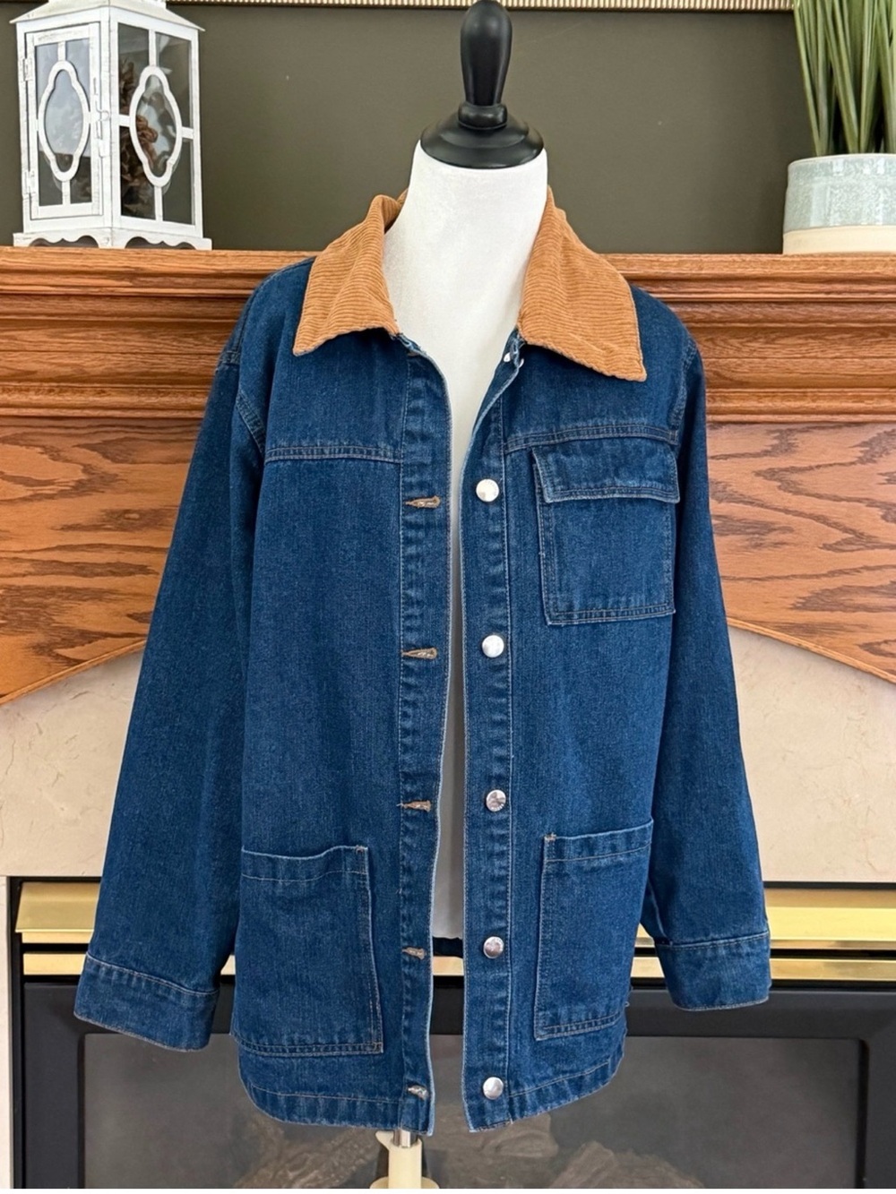Women Blue Denim Coat with Tan Corduroy Collar
